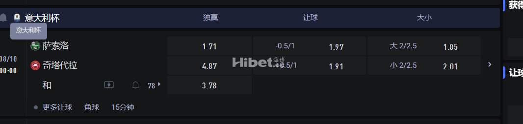 意大利杯 独赢  08/10 00:00 萨索洛 VS奇塔代拉
