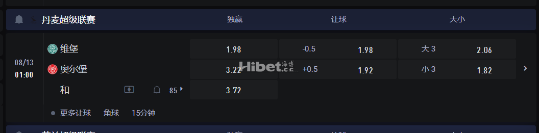 丹麦超级联赛  大小 08/13 01:00 维堡VS 奥尔堡