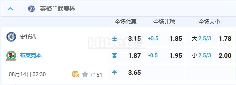 8月14日 2：30 联赛杯 史托港VS布莱克本